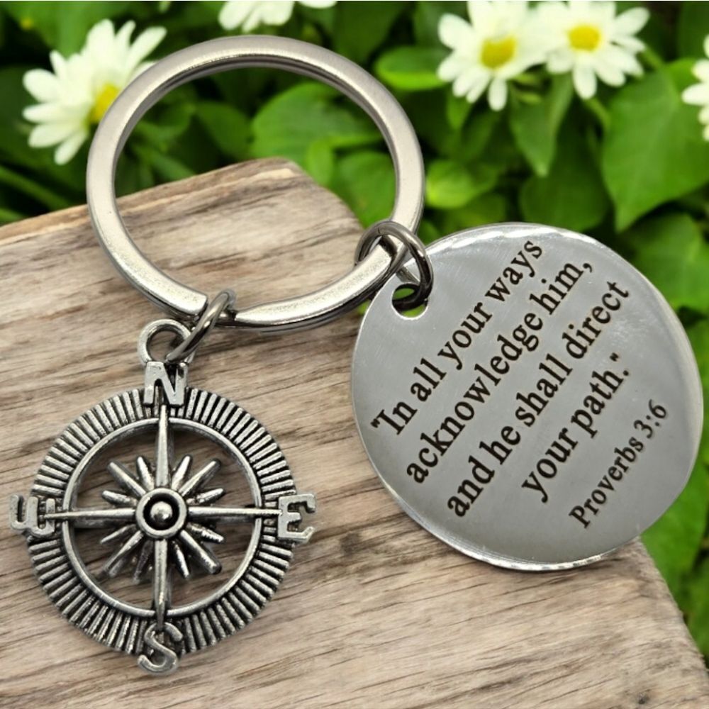 Proverbs 3:6 Stainless Steel Keychain Compass Keyring Inspirational Key Chain